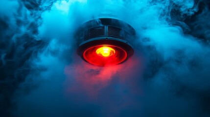 Smoke detector with red warning light amidst swirling blue smoke, safety concept