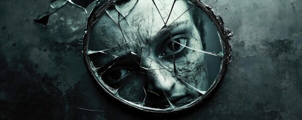 Poster - A haunting reflection through a shattered mirror, revealing a mysterious face amidst dark shadows and eerie atmosphere.