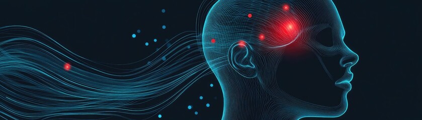 Poster - A conceptual illustration of a human head with glowing elements, representing thoughts and creativity in a digital world.