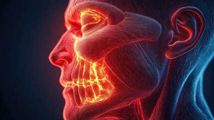 Poster - A detailed illustration of a human skull and facial muscles, showcasing vibrant colors and intricate anatomical features.