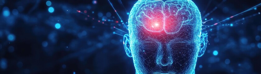 Fototapete - A digital representation of a human head with a glowing brain, symbolizing neural activity and advanced technology.