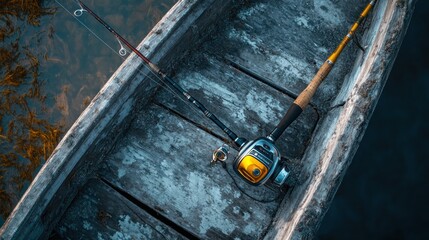 Sticker - A fishing rod and reel resting on a weathered boat, ready for a fishing adventure.