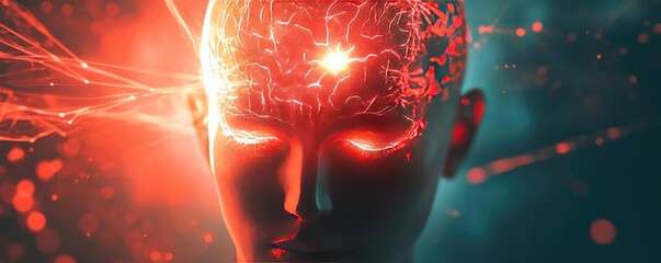 Poster - A futuristic representation of a human head with glowing energy patterns, symbolizing intellect, creativity, and advancement.
