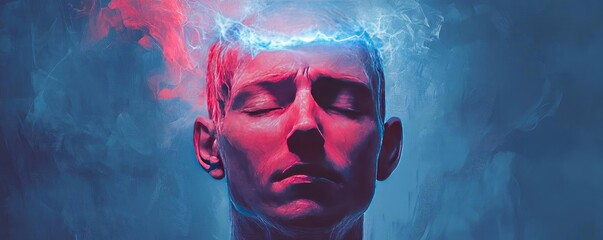Poster - A conceptual image representing creativity and thought, featuring a head with vibrant, glowing energy emanating from it.