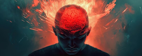 Aufkleber - A striking depiction of a person with an exploding head, symbolizing intense emotions and thoughts in a vibrant, surreal atmosphere.