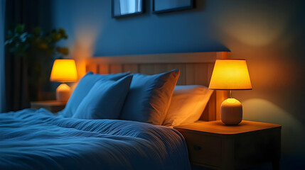 A cozy bedroom with two bedside lamps lit up in the night.