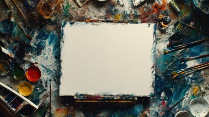 Poster - A blank canvas surrounded by colorful paints and brushes, ready for artistic creation.