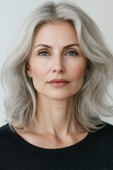 Wall Mural - Beautiful mature woman with grey hair posing on white background