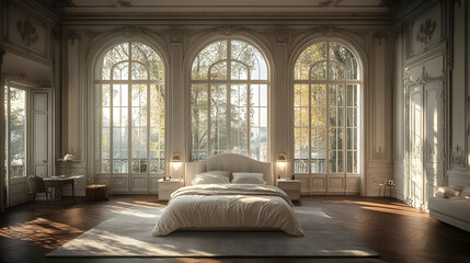 Poster - A large bedroom with a white bed and a view of trees through the windows.