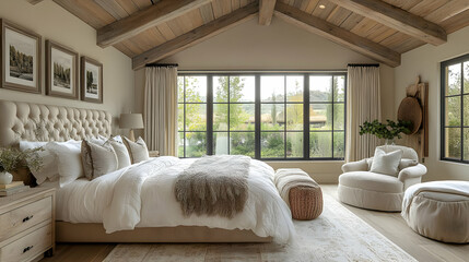 Poster - A luxurious bedroom with a large bed, a plush armchair, and a large window overlooking a lush garden.