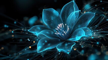 Wall Mural - A flower with glowing blue veins on a dark background, surrounded by abstract digital lines symbolizing internet networks and futuristic motion