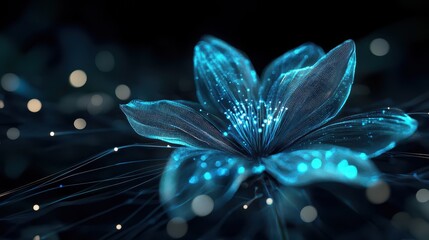 Wall Mural - A flower with glowing blue veins on a dark background, surrounded by abstract digital lines symbolizing internet networks and futuristic motion