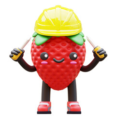 3D Strawberry Character Holding Two Screwdrivers Wearing Helmet Suitable For Construction Or Repair Projects