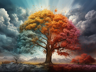 Sticker - Superb Change of the seasons on the example of tree four squares with diverse colors