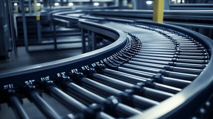 Poster - Close-up of a Curved Conveyor Belt in a Factory Setting