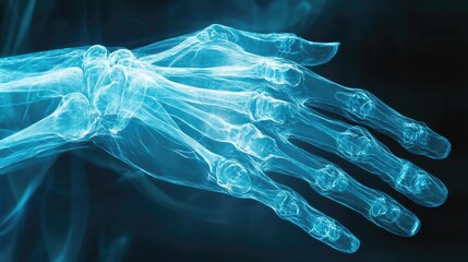 Poster - X-ray image of a human hand showing intricate bone structure and details in an eye-catching blue hue.