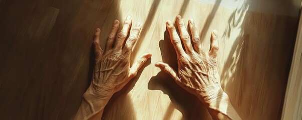 A close-up of aged hands resting on a wooden surface, illuminated by soft natural light and shadows.