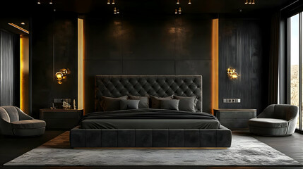 Poster - A luxurious modern bedroom with a king-size bed, two armchairs, a rug, two nightstands, and a large window. The room is decorated in black and gold tones, with a textured wall and recessed lighting.