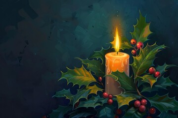 Wall Mural - Elegant candlelight with holly leaves and berries creating a warm holiday atmosphere for Christmas reflection