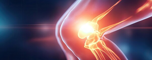Poster - Dynamic illustration of a human knee joint with glowing highlights, showcasing anatomy and highlighting potential injuries.