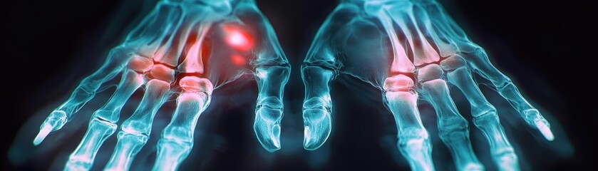 Poster - X-ray image of human hands highlighting joint pain, showcasing skeletal structure with emphasis on health and anatomy.