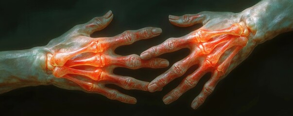 Poster - An artistic depiction of human hands showcasing intricate bone structures and glowing tendons, illustrating anatomy and art.
