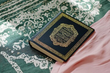 Wall Mural - A close-up photo of a woman's hand holding an ornate black and gold Quran on top of a green prayer rug