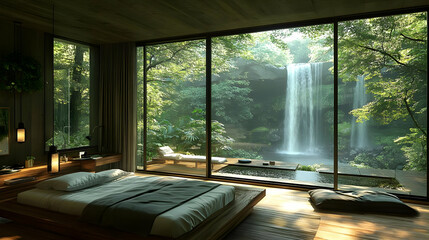 Sticker - A minimalist bedroom with a large window overlooking a waterfall in a lush green forest.