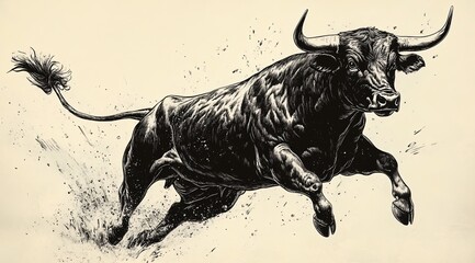 Canvas Print - Bull Charging  Black and White Illustration  Aggressive Animal