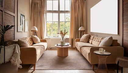 Beige lounge zone interior couch and armchairs near window, mockup frame