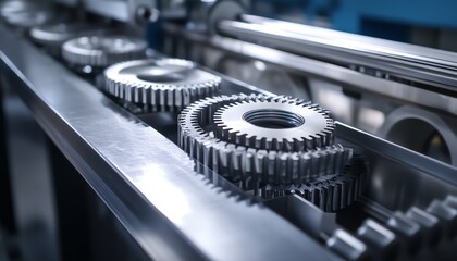 Poster - Close-up of a Stack of Metal Gears on a Conveyor Belt in a Factory