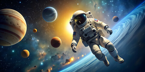 of astronaut in space observing solar system , astronaut, space, solar system, universe, exploration