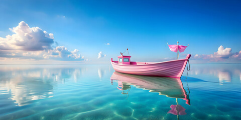 Pink fairy boat floating on clear water under a blue sky, fairy boat, pink, water, clear, sky, serene, calm, peaceful