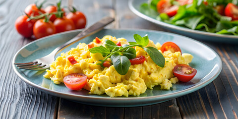 Scrambled eggs with diced tomatoes and fresh salad on a plate, breakfast, scrambled eggs, tomato, salad, healthy, delicious