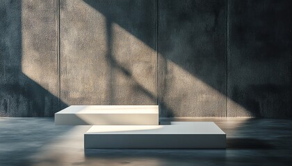 Wall Mural - Two White Platforms Against a Textured Gray Wall