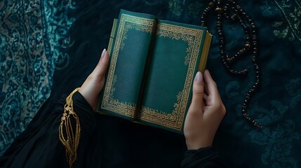 Wall Mural - A woman's hand holding a green and gold Quran with tassels, a black hijab, close-up on the hands and Muslim prayer beads only