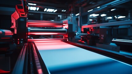 Poster - Industrial Machinery Conveyor Belt with Red and Blue Lighting