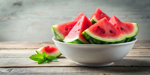 Wall Mural - Fresh watermelon slices in a white bowl, refreshing, juicy, summer, fruit, healthy, organic, red, green, colors, slices