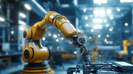 Poster - Yellow Robotic Arm Assembling a Metal Component in a Factory