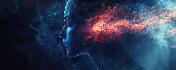 Poster - Captivating abstract portrait illustrating the fusion of thought and energy, showcasing vibrant colors and ethereal details.