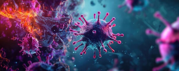 Poster - Close-up view of a colorful virus in a dark, abstract environment, showcasing intricate details and vibrant colors.