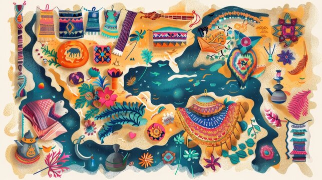 An illustrated map showcasing native textiles from different regions of the world