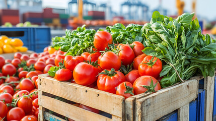 Canvas Print - Fresh Red Tomatoes and Greens in a Wooden Crate, Perfect for Your Food Blog or Recipe Website