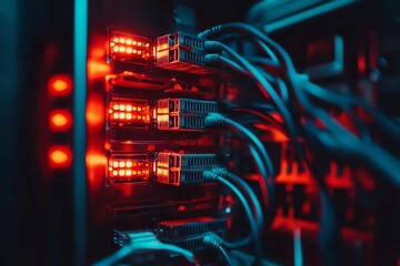 Poster - Close-up of Network Server Hardware with Red and Blue Lighting