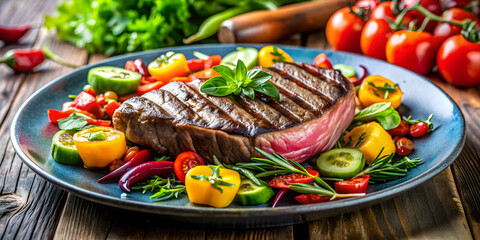 Grilled steak with colorful vegetables and fresh salad , food, barbecue, meal, beef, cooking, dinner, delicious, healthy