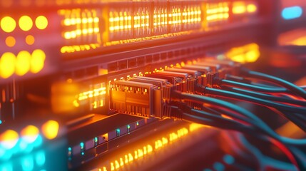 Poster - Close-up of Network Server with Cables and Glowing Lights