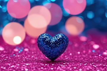 Blue and Pink Glitter Background with Heart Overlay and Defocused Lights