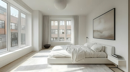 Poster - A modern and minimalist bedroom with a large bed, white walls, and large windows.