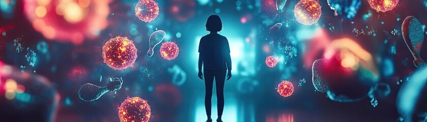 Aufkleber - A silhouetted figure stands amidst vibrant digital representations of cells, exploring the intersection of technology and biology.