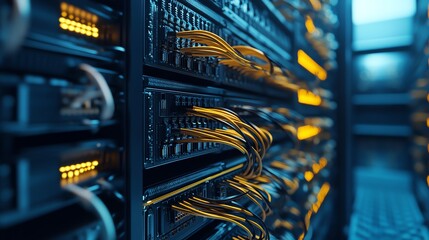 Poster - Server Rack with Yellow and Black Cables Close-Up